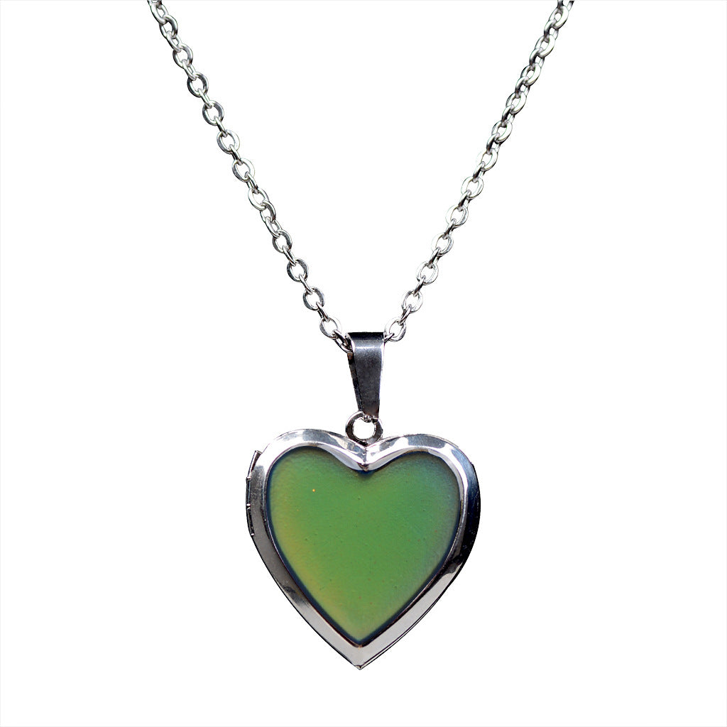 Heart Mood Locket Necklace Color Changing Pendant Necklace Stainless Steel Chain